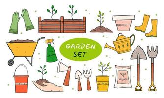 ensemble de jardin sur le thème. graphique vectoriel d'illustration avec doodle isolé dessiné à la main sur le thème du jardin, outils de jardin. croquis à utiliser dans la conception