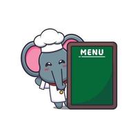 personnage de dessin animé de mascotte de chef éléphant mignon avec tableau de menu vecteur