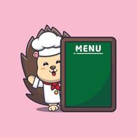 personnage de dessin animé de mascotte de chef hérisson mignon avec tableau de menu vecteur