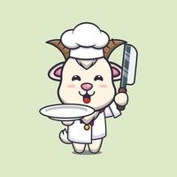 personnage de dessin animé de mascotte de chef de chèvre mignon avec couteau et assiette vecteur