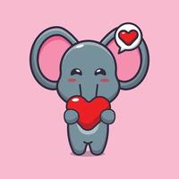personnage de dessin animé mignon éléphant tenant le coeur d'amour vecteur