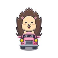 personnage de dessin animé de mascotte de hérisson mignon en voiture vecteur