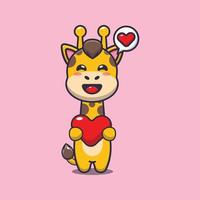 personnage de dessin animé mignon girafe tenant coeur d'amour vecteur
