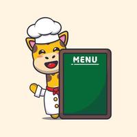 personnage de dessin animé de mascotte de chef girafe mignon avec tableau de menu vecteur