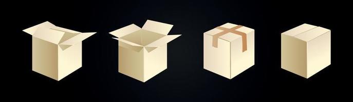 maquette de boîte en carton réaliste définie de vue latérale, avant et supérieure ouverte et fermée isolée sur fond noir. modèle d'emballage de colis - illustration vectorielle.