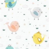 joli motif sans couture pour fond de dessin animé pour enfants avec des oiseaux aux couleurs vives et de petites touffes d'idées de conception d'herbe utilisées pour l'impression, l'emballage cadeau, les vêtements pour enfants, le textile, l'illustration vectorielle vecteur