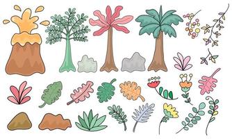 éléments et décorations d'arbres sur le thème des dinosaures conçus dans un style doodle vecteur