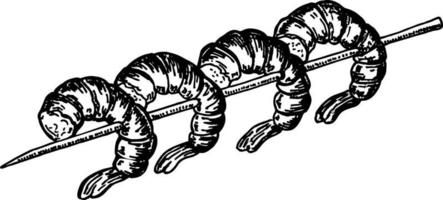 crevettes grillées sur une brochette de délicieux plats grillés sur un style de croquis de crevettes à la brochette. illustration vectorielle