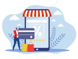 homme payant pour l'achat via smartphone plat, boutique en ligne de commerce, illustration vectorielle de shopping en ligne. vecteur