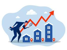 investisseur homme d'affaires avec télescope pour l'immobilier et l'opportunité d'investissement immobilier, prévision ou vision de la croissance immobilière, vecteur de concept en hausse de prix