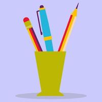 des crayons et un stylo dans un verre pour le bureau. illustration plate de vecteur. vecteur