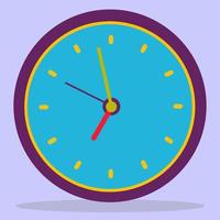 icône d'horloge violette dans un style plat, minuterie ronde sur fond bleu avec un cadran jaune. une simple montre. vecteur