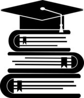 l'insigne est une casquette pour un étudiant avec un pompon, une pile de livres, une silhouette noire. mis en évidence sur un fond blanc. vecteur