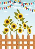 festa junina avec clôture et jardin de tournesols vecteur