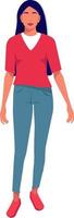 une image pleine longueur d'une femme. illustration plate vectorielle sur fond blanc. une fille aux cheveux longs, un pull rouge et un jean. vecteur