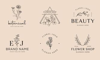 ensemble de logo dessiné à la main d'élément floral botanique avec des fleurs et des feuilles sauvages. logo pour spa et salon de beauté, boutique, magasin bio, mariage, designer floral, intérieur, photographie, cosmétique vecteur