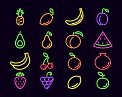 dessin au trait de fruits au néon. raisin mûr brillant avec poire et mangue tropicale. raisins frais avec fraise sucrée et pêche vectorielle appétissante