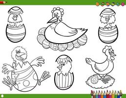 page de livre de coloriage de personnages et d'oeufs de poussins de pâques vecteur