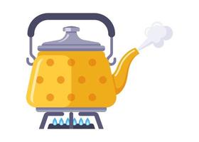la bouilloire se tient sur une cuisinière à gaz et fait bouillir de l'eau. préparation d'eau chaude pour le thé. illustration vectorielle plane. vecteur