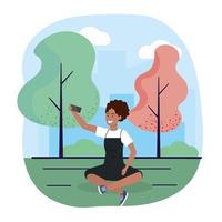 femme avec smartphone trechnology et assise avec des arbres vecteur