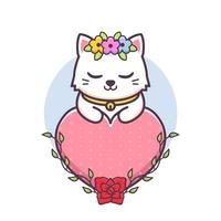 chat mignon avec fleur et coeur énorme vecteur
