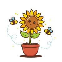 joli tournesol en pot avec des abeilles vecteur