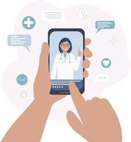 le médecin sur l'écran du téléphone portable parle en ligne avec le patient. communication vidéo et messages. consultations médicales, examens, traitements, services, soins de santé, conférences en ligne. vecteur