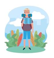 homme de voyage portant chapeau avec carte globale et sac à dos vecteur