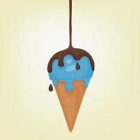 crème glacée avec illustration vectorielle plane en style cartoon. une boule de crème glacée fondante bleue dans un cornet gaufré. sirop de chocolat versé dessus. dessert sucré savoureux préféré vecteur