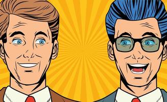 Pop art deux hommes d&#39;affaires souriant visages cartoon vecteur