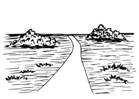 route de campagne, buissons, herbe, paysage de campagne, chemin de distance, horizon. illustration vectorielle dessinée à la main dans le style de gravure. vecteur