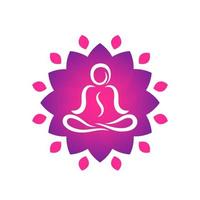 modèle de logo de yoga, homme méditant en position du lotus, forme de fleur abstraite vecteur
