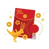 bonne bannière ou carte de voeux du nouvel an chinois 2023 avec un lapin mignon avec des pièces d'or. caractère animal, symbole de l'année. illustration vectorielle dessinés à la main plat vecteur