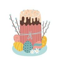 gâteau de pâques avec des branches de saule et des œufs de poule colorés sur une assiette en fleurs. illustration de vecteur plat isolé mignon dans un style de dessin animé simple.