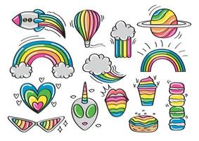 vecteur d'art de doodle de thème de couleur arc-en-ciel. choses mignonnes et colorées pour fille.