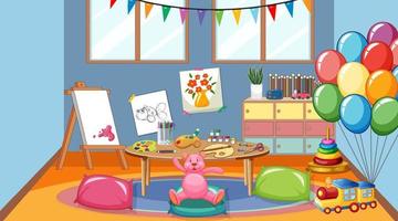 intérieur de classe de maternelle vide avec de nombreux jouets pour enfants vecteur