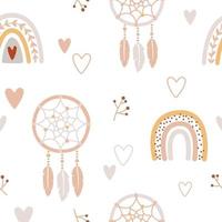 modèle sans couture avec le mignon dreamcatcher et arc-en-ciel. imprimé enfantin pour la pépinière dans un style scandinave pour les vêtements de bébé, l'intérieur, l'emballage. illustration de dessin animé de vecteur dans des couleurs pastel.