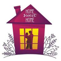 une jolie maison avec une fenêtre éclairée et une silhouette d'un couple amoureux du texte home sweet home. illustration vectorielle. affiche dessinée à la main douce maison.