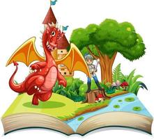 livre de contes avec dragon et chevalier vecteur