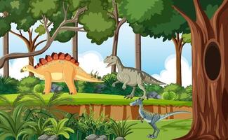 forêt préhistorique avec dessin animé de dinosaure vecteur