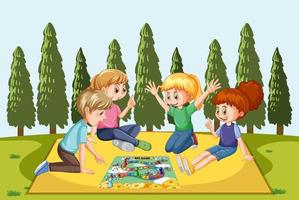 un paysage de scène naturelle avec des enfants jouant à un jeu de société vecteur