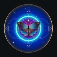 papillon sur mandala, géométrie sacrée, logo symbole d'harmonie et d'équilibre, néon psychédélique brillant. ornement géométrique coloré, yoga relax, spiritualité, vecteur fond bleu étoilé