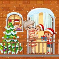 balcon de noël avec grand-mère et enfants vecteur