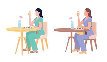 jolies dames appréciant le vin blanc et la salade jeu de caractères vectoriels de couleur semi-plat vecteur