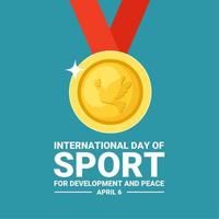 illustration vectorielle de la médaille d'or avec le logo de la colombe de la paix, sous forme de bannière ou d'affiche, journée internationale du sport pour le développement et la paix. vecteur