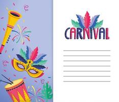carte de carnaval avec décoration trompette et masque vecteur