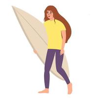 femme marche avec une planche de surf. illustration vectorielle isolée vecteur