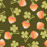 trèfle à quatre feuilles avec motif sans couture de vecteur de fleur rose. texture de dessin animé de quatre pétales de trèfle porte-bonheur. trèfle pour st. patrick's day, joli fond floral dessiné à la main pour le tissu, le papier peint, le papier d'emballage