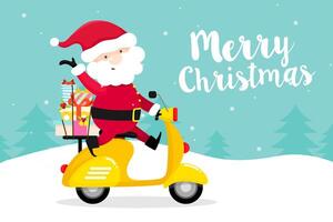 Carte de voeux de Noël avec le père Noël sur scooter vecteur
