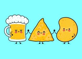verre heureux mignon et drôle de bière, de nachos et de frites. personnages de kawaii de dessin animé dessinés à la main de vecteur, icône d'illustration. drôle de dessin animé heureux verre de bière chips de nachos mascotte amis emoji enfant bébé visage